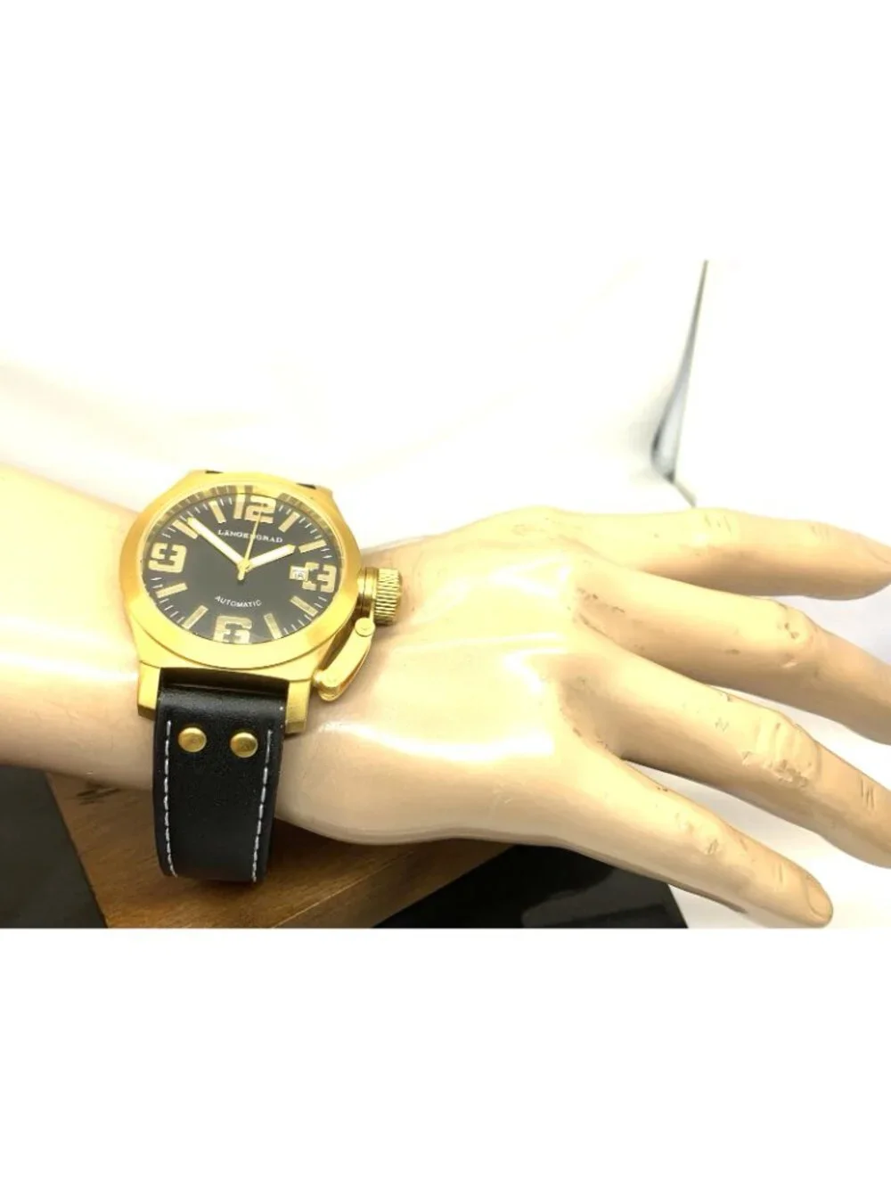 Längengrad Men's Watch 121 Automatic Gold Black Dial Date Leather Strap 44mm